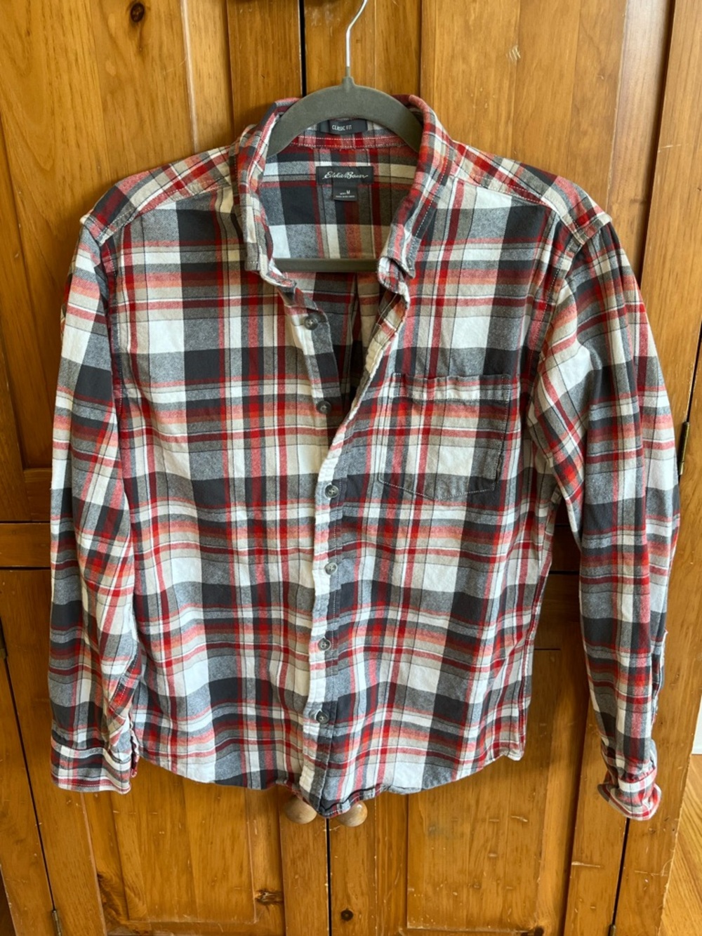 Eddie Bauer Red, Black & White Plaid Flannel Shirt